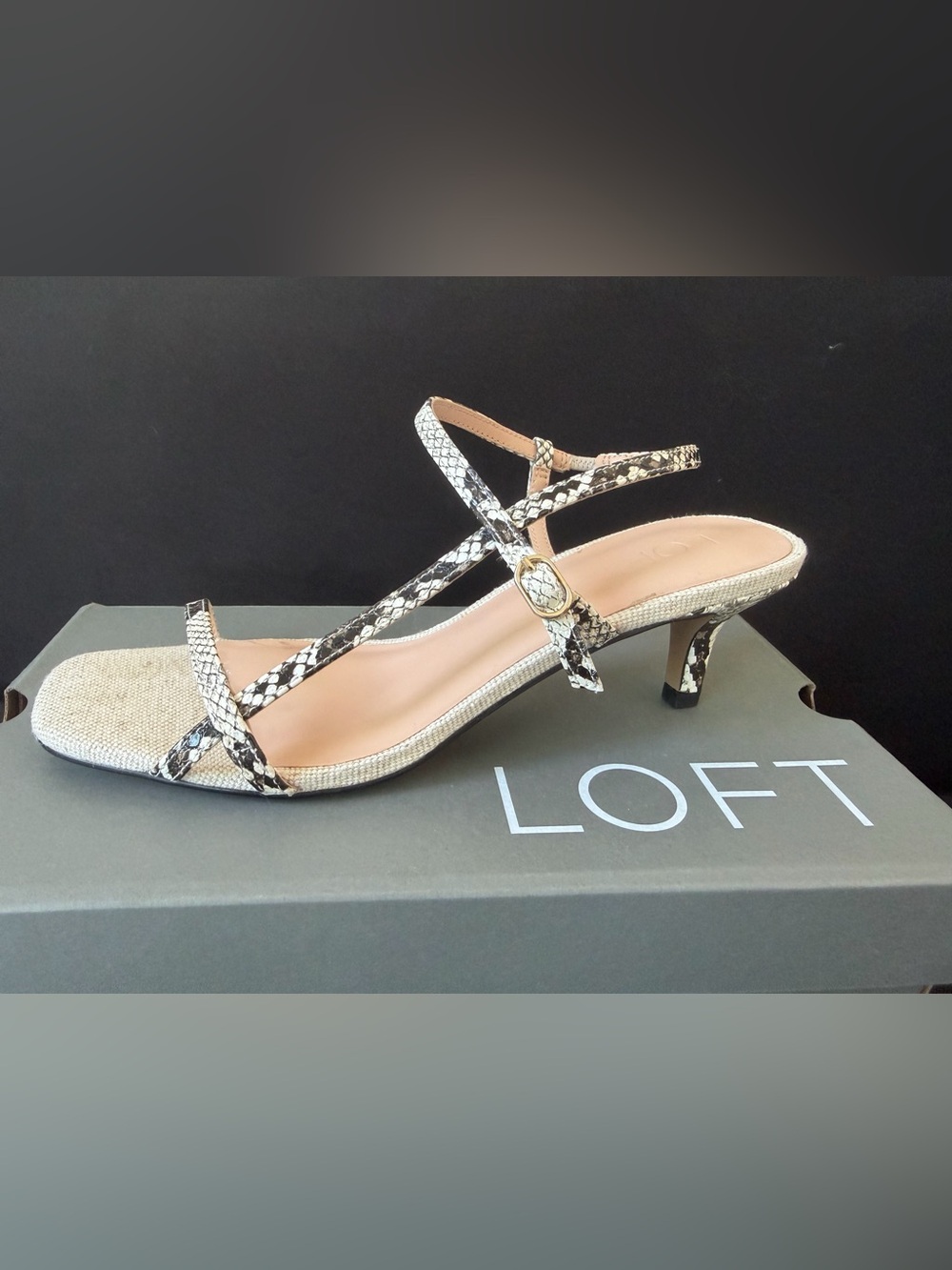 LOFT Beige and Black Snakeskin Kitten Heel Sandal, size 7